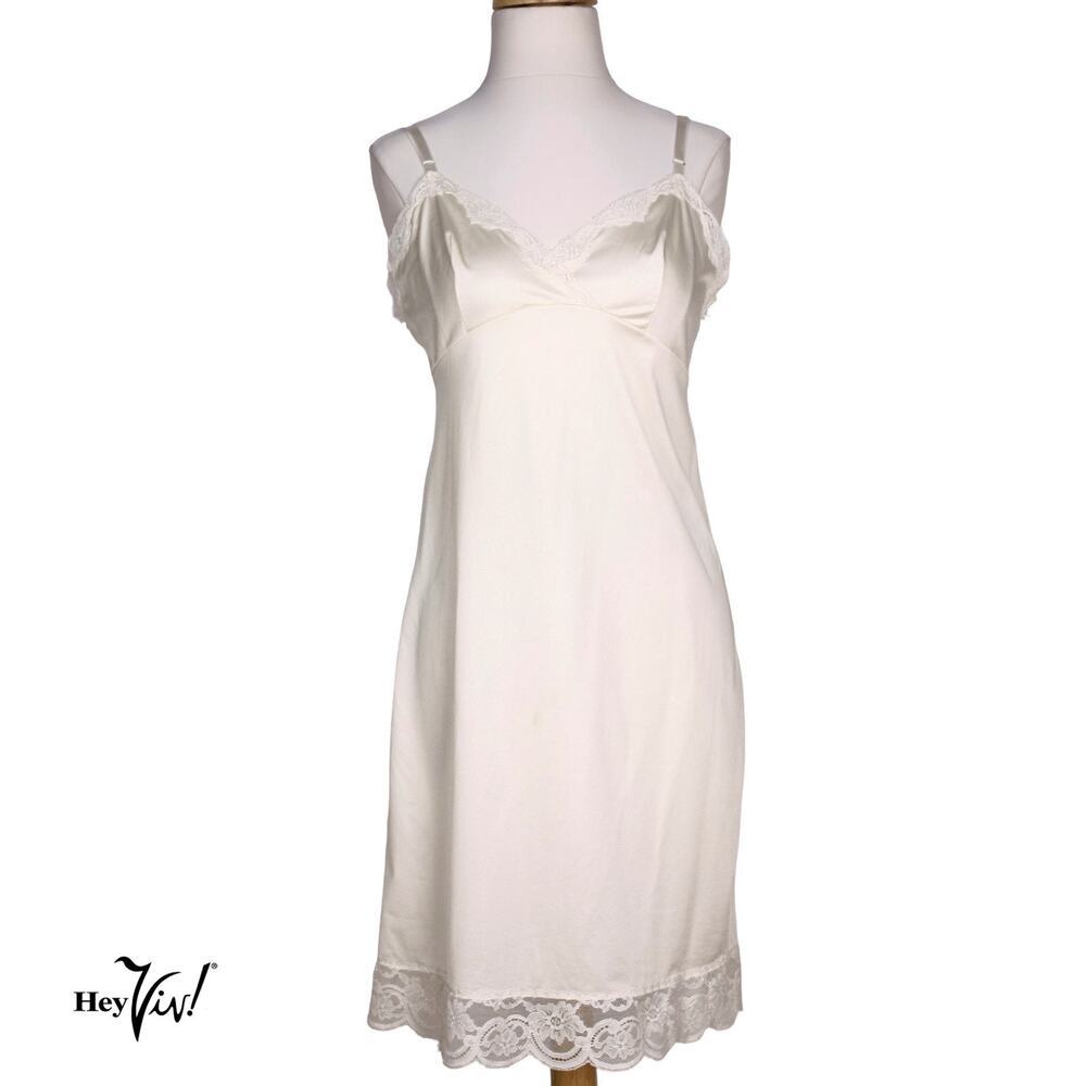 Vintage Ivory Full Slip Size 34 Lace Trim Nylon Dress Slip Lingerie - Hey Viv